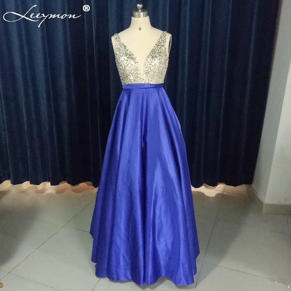 

Real Sexy Blue Sparkling Beading Sequined V Neck Prom Gown Formal Long Evening Dress Open Back Prom Wedding Party Dress