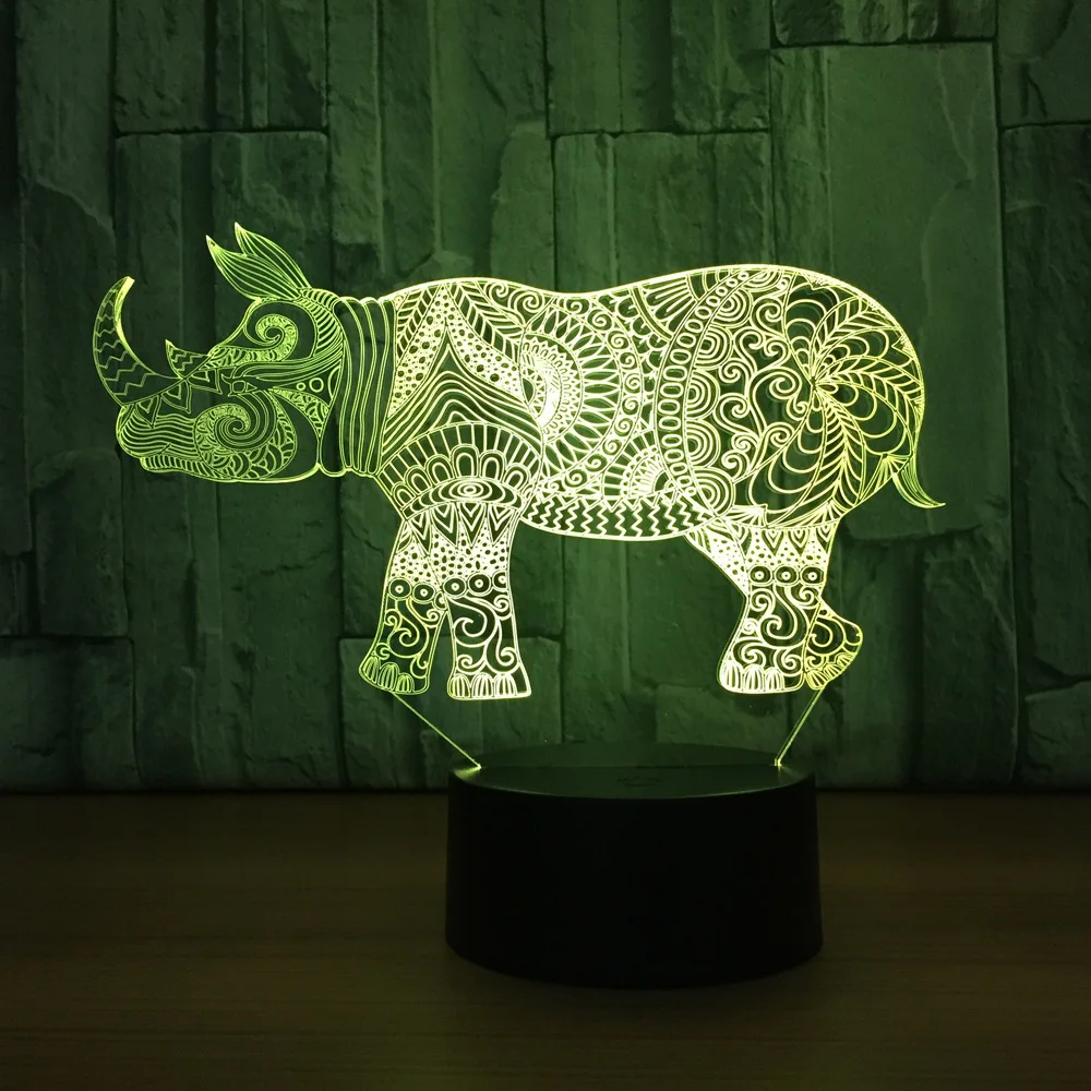 Носорог 3D Night Light 7 цветов свет настольной лампы Атмосфера дома декоративные огни 753