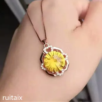 

KJJEAXCMY boutique jewels S925 Pure silver inlay natural oval crystal yellow crystal female pendant + necklace inlay jewelry mn