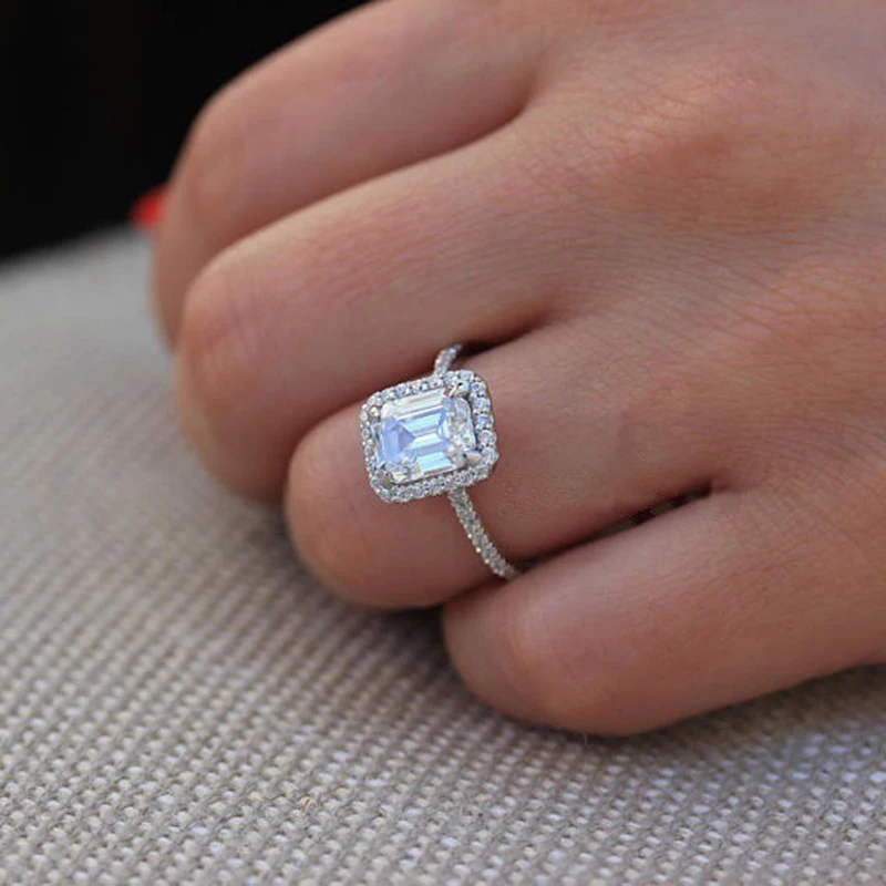 Utimtree Luxury 3.5 ct Big Square Cut AAA Zircon Ring with Micro Paved CZ Wedding Rings for Brides 925 Sterling Silver Jewelry