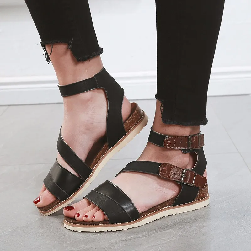 

2019 Women Summer Sandals PU Leather Buckle Flat Heel Gladiator Sandals Ladies Open Toe Beach Flip Flops Zapatos Sandalias Mujer