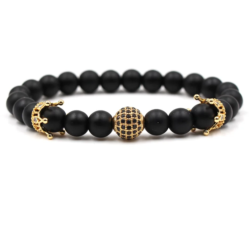 

2018 New Natural Stone Crown Beads Bracelet For Women Men Paved Zircon Charm Bead Distance Bracelets Women Men Jewelry Pulseras