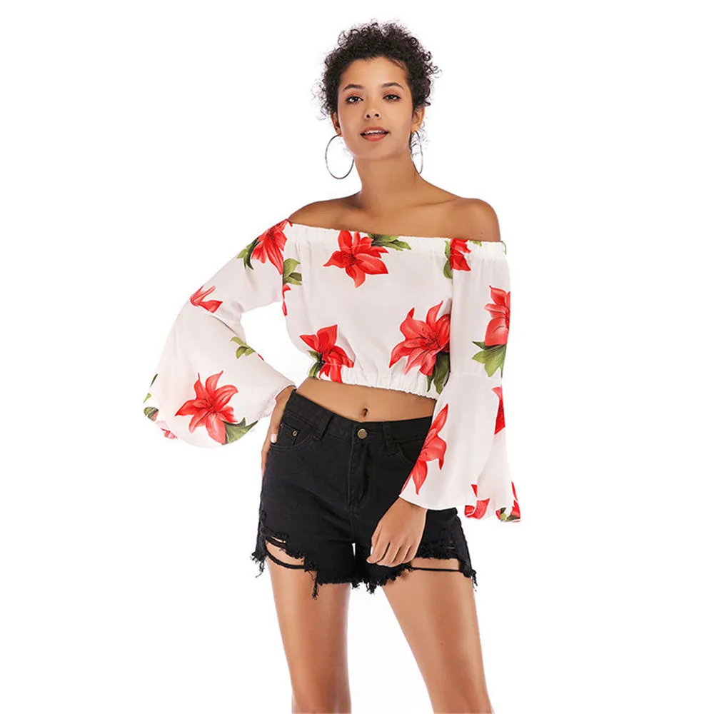 

Slash neck sexy off-the-shoulder chiffon shirt with Flare sleeve print top