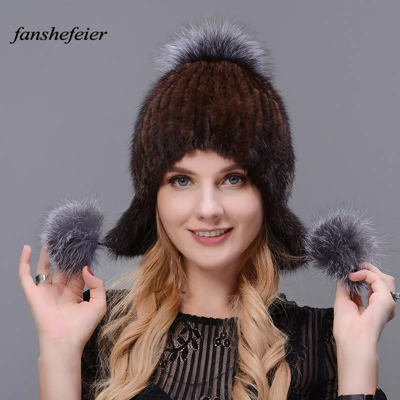Новое поступление, теплые зимние меховые шапки хорошего качества для женщин, настоящая норковая шапка с меховым помпоном, вязаная шапка-бомбер - Цвет: colour02