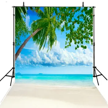 

blue sky white clouds Palm tree sea beach ocean Background Vinyl cloth High quality Computer print wall backdrop