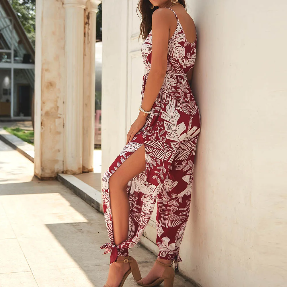 

Women Rompers Floral Jumpsuits Sleeveless Summer Sexy Loose Bandage Jumpsuit Casual Playsuit Sashes Deep V-neck Beach Trousers