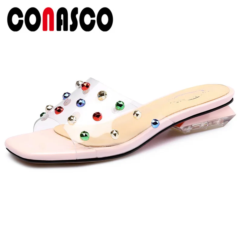 

CONASCO Quality PVC Low Heels Elegant Women Sandals Colorful Rhinestone Concise Slippers Prom Summer Sandals Basic Shoes Woman