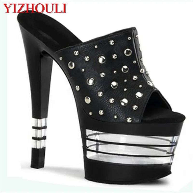 

Sexy skinny super star shoes, 17cm heels, summer striped sandals baking paint, rivet decorating, Slippers