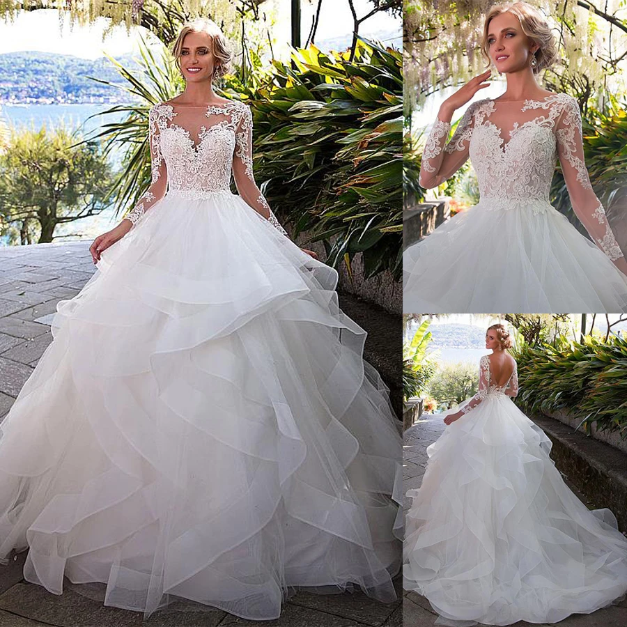 

vestido de novia Lace Long sleeve Ball Gown Wedding Dresses Sheer Neck Ruffed Backless Tulle Bridal Gowns Festival robe mariee