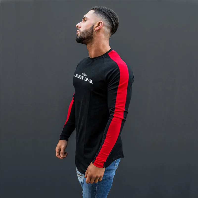 Brand Men Long sleeves cotton t shirt autumn Patchwork raglan sleeve fashion clothing Slim fit elasticity Fitness tees shirts