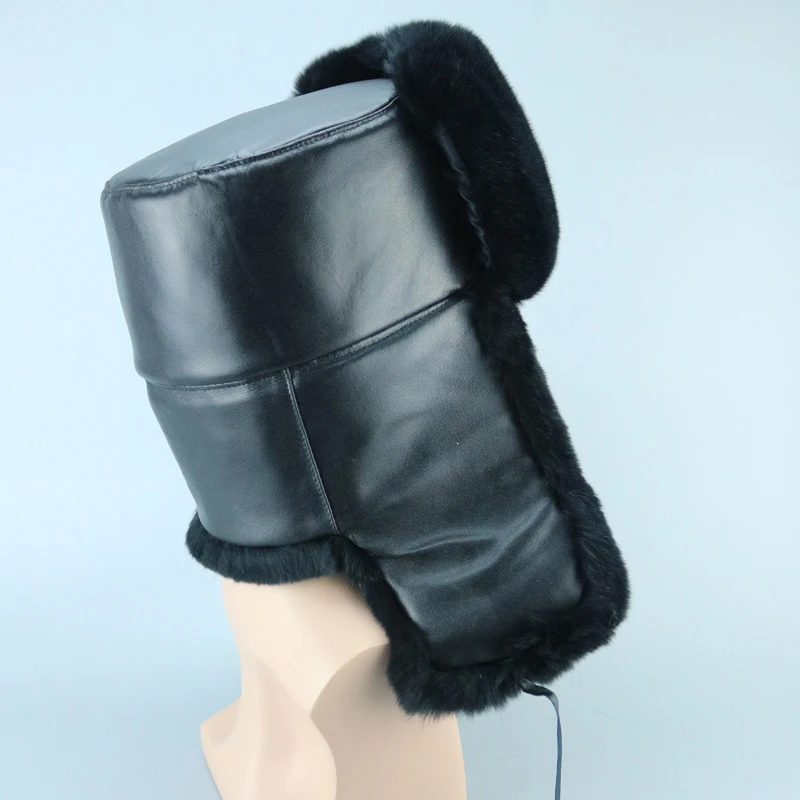 

Winter Men Bomber Hats Real Rex Rabbit Fur Sheepskin Leather Hats Earflap Ear Caps Solid Black Outdoor Warm Hats Handmade Sewing