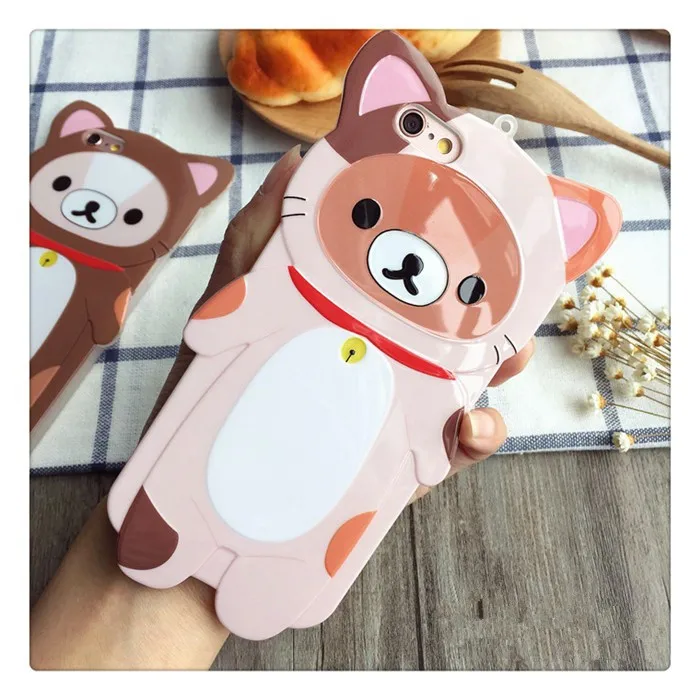 2016 Japan New Fashion 3D cartoon Relaxed Bear TPU back cover case for Apple iphone 6 6s plus Red Scarf Little Yellow Bell kuma |