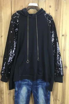 

Sequined long sleeve hooded cotton sweatshirt women Metal ring raw edge stitching loose large size women hoodies