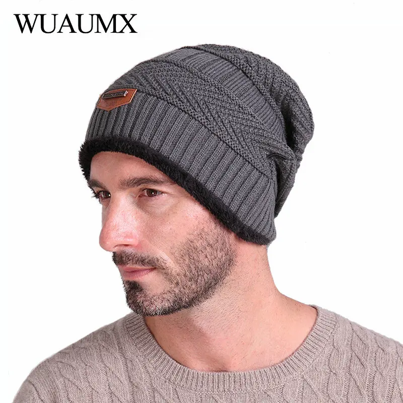 Wuaumx Beanies для мужчин зимние шапки для мужчин теплая шапка Skullies подкладка с бархатной уплотненной трикотажной крышкой капот homme czapka zimowa