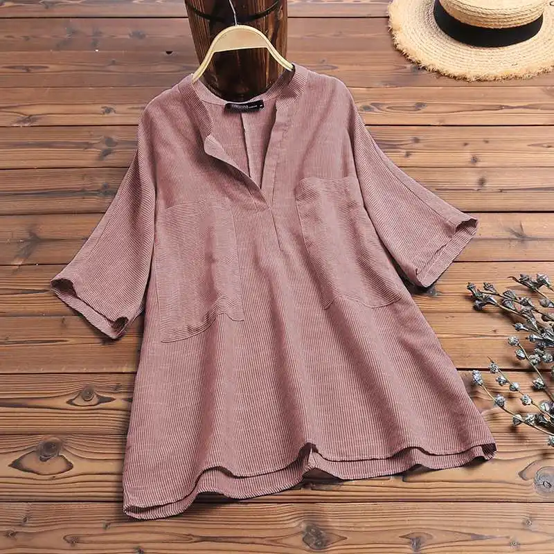 Модная женская блузка с v-образным вырезом и коротким рукавом, летняя рубашка в полоску, туника ZANZEA, топы, женские свободные хлопковые льняные блузы, Женский Топ - Цвет: Wine Red