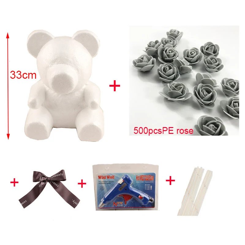 Foam Bear Mold PE Rose Artificial Flower Heads Rose Bear White Mold and Gift Box DIY Rose Bear Accessories Bag - Цвет: gray package bag