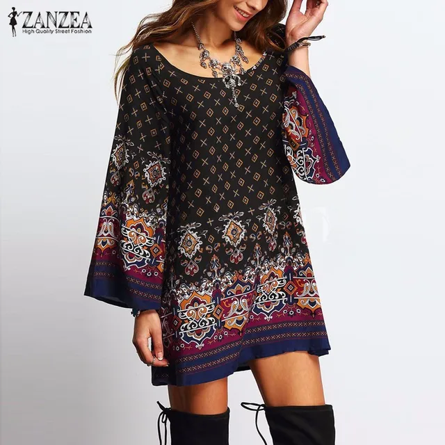 ZANZEA Women Dress 2018 Ladies Sexy Mini Vintage Print Dress O Neck Long Sleeve Floral Casual Ethnic Short Veatidos 1