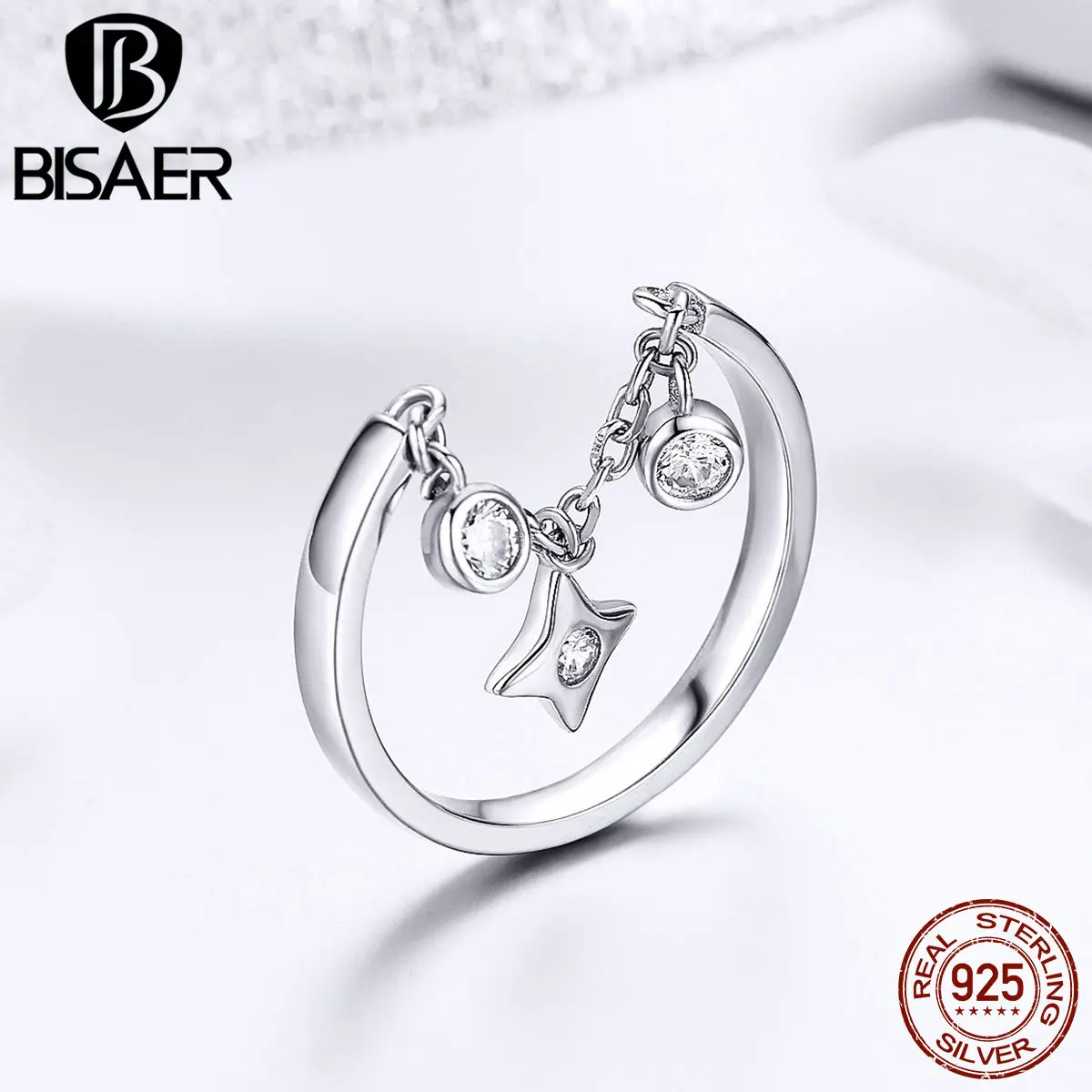 

BISAER Hot Sale 925 Sterling Silver Shining Star Rings Women Dangle Chain Star Finger Ring Korean Wedding Ring Jewelry ECR408