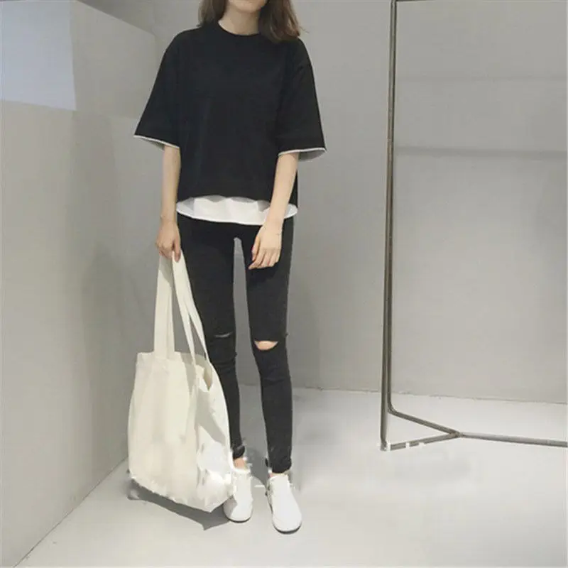 

Women Casual Round Neck Pullover Loose Top Fake Two Piece Short-sleeved T-shirt