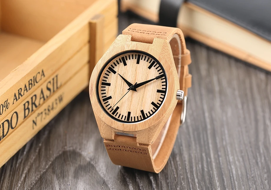 YISUYA Men Bamboo Watches Brown Natural Genuine Leather Strap Wooden Wrist Watch Quartz Clock Watch Casual for Women Best Gift (13)