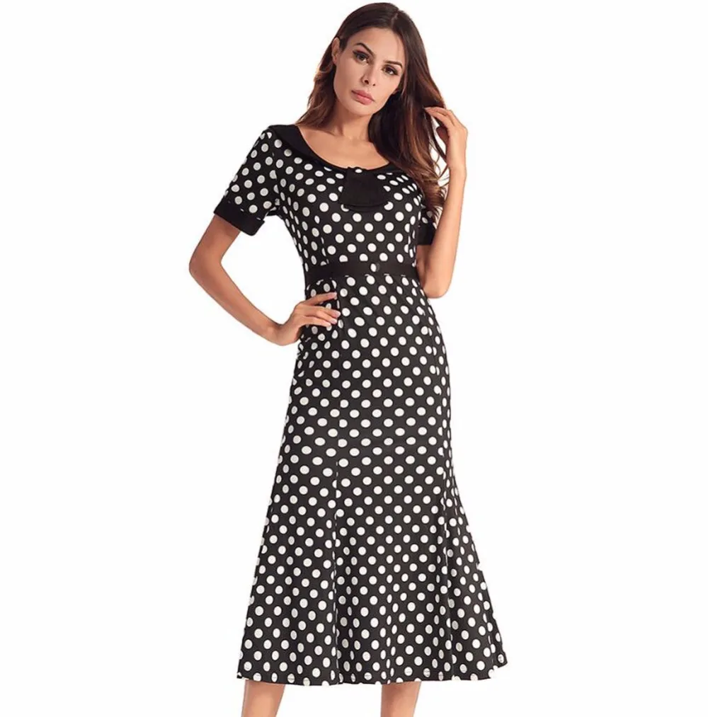Print Midi Dress 2018 Spring Summer O Neck Short Sleeve Printed Polka Dot Cotton Blends With 