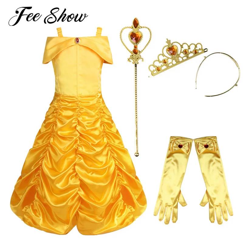 

Kids Girls Ruched Fairy Tale Princess Halloween Costume Party Fancy Dress with Gloves Tiara Wand with/without Necklace Outfits