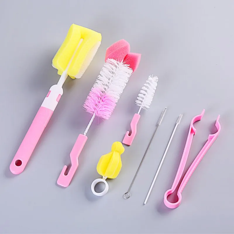 

7pcs=1set Baby Bottle Clean Set Sponge Plastic Glass Milk Water Cup Clean Feeding Bottle Dummy Nipple Pacifier Cleaner