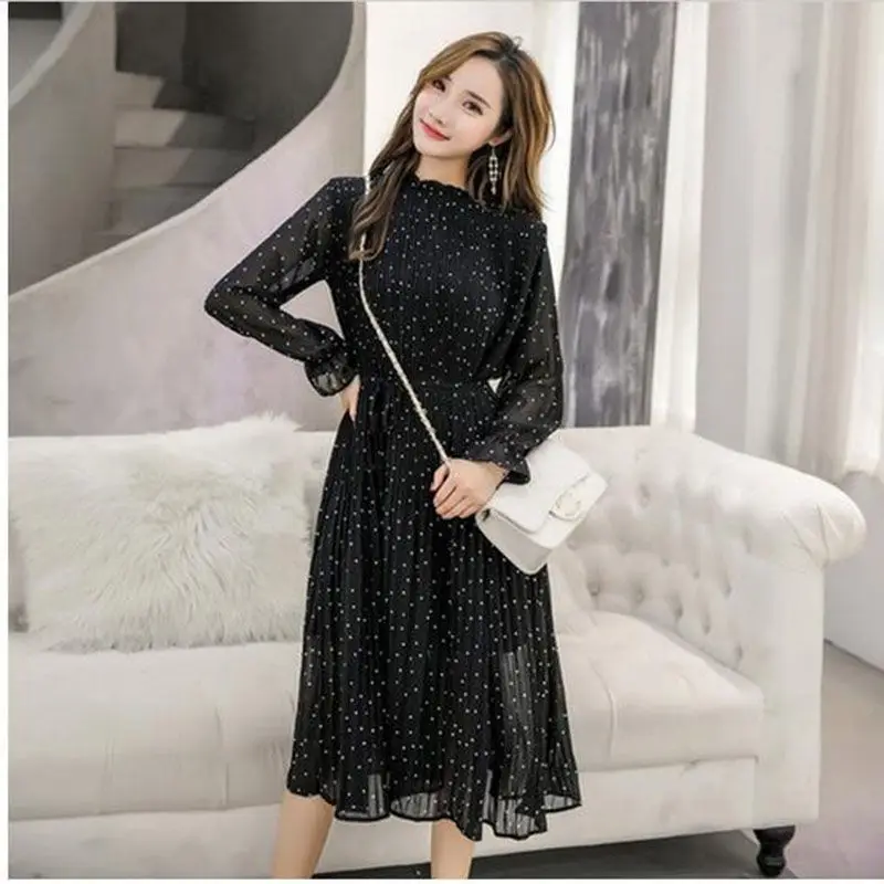 

Spring Autumn Lady Long Chiffon Dress 2019 New Korean Fashion Women Long Sleeved Polka Dot Pleated Dresses Black Vintage Clothes