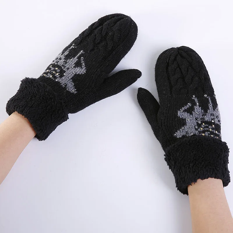 Новые перчатки дл пар Осень Зима теплые плюс бархат утолщение вязание шерсть перчатки Рождество олень Стразы перчатки для женщин