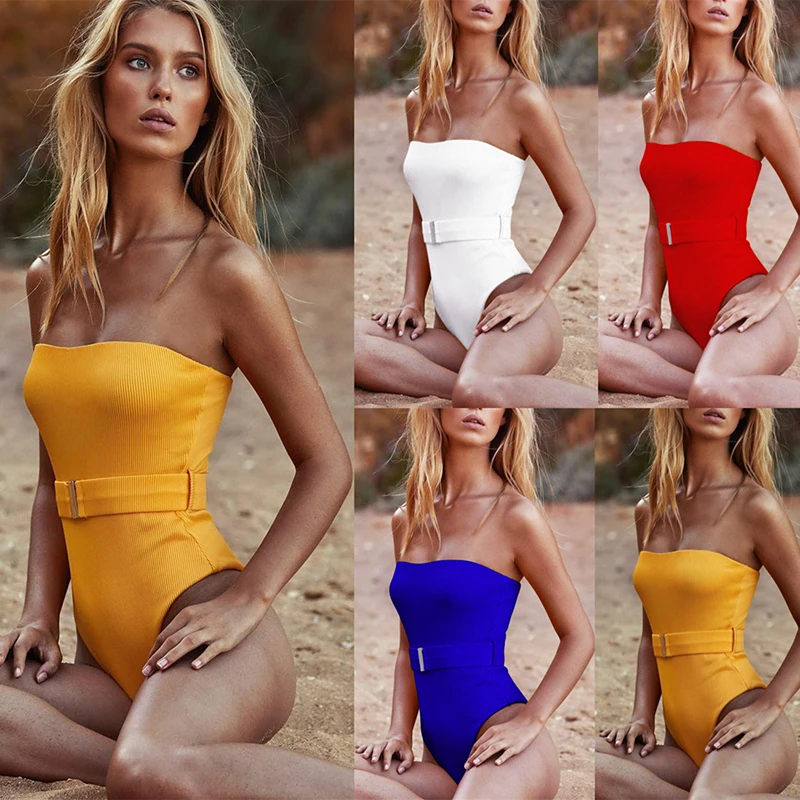 

XREOUGA 2019 Sexy Bandeau Push Up Bikini Set Women High Quality Belt Buckle Backless Padded Swimwear Solid One Piece Swimsuit