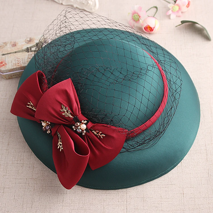 Новая дизайнерская Свадебная шляпка невесты винтажная Зеленая Шелковая фетровая красная шляпа-котелок с вуалью чародейная шляпа для королевского чая вечерние заколка в виде цветка