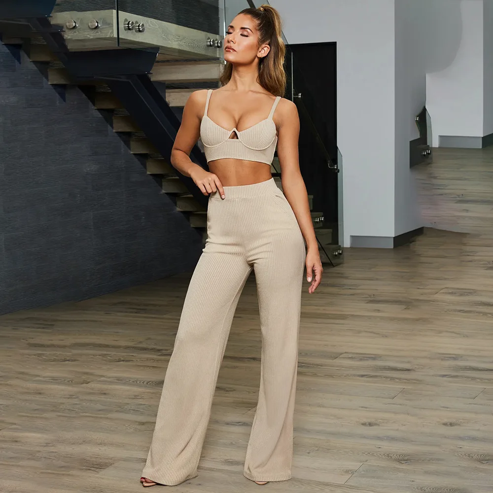 

SKMY two piece club outfits women halter crop top and high waist wide leg pants summer streetwear fashion casual trousers sets