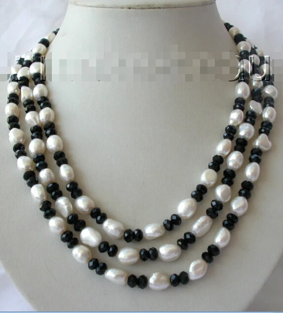 

FREE shipping>>>>3rows 10mm baroque white freshwater cultured pearl black agate necklace h677 new