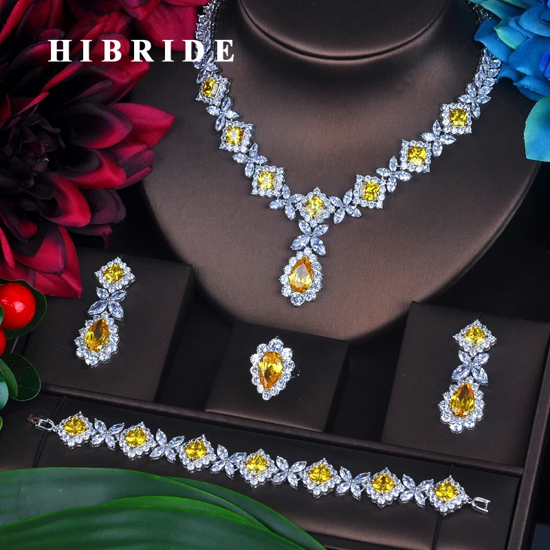 

HIBRIDE Charm Yellow Cubic Zirconia Jewelry Sets For Women Bridal Wedding Sets 4 pcs Earring Necklace Ring Bracelet Gift N-391