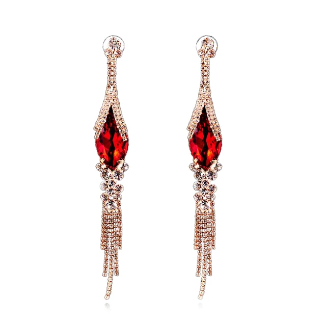 Luxury Full Cz Diamond 2017 Gold Plate Long Tel Red Shiny Luxury Full Cz Diamond 2017 Gold Plate Long Tel Red Shiny Rhinestone Dangle Earrings For