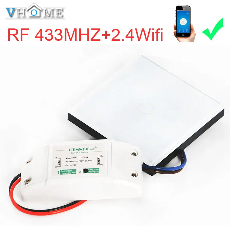 VHome touch remote control switch,wireless 2.4g wifi + RF 433MHz relay receiver power supply 90v-250v 10A transmitter