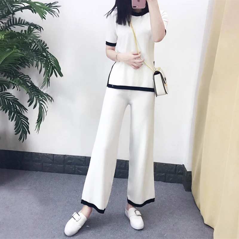

Summer new Women's set temperament Knitted Sweaters Pant suits ice silk knit pullover top and knitting Wide leg pants two-piece