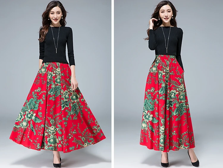 Новая мода Топ распродажа длинная струящаяся Плотная хлопковая разноцветная юбка с принтом в богемном стиле с этническим принтом льняная юбка