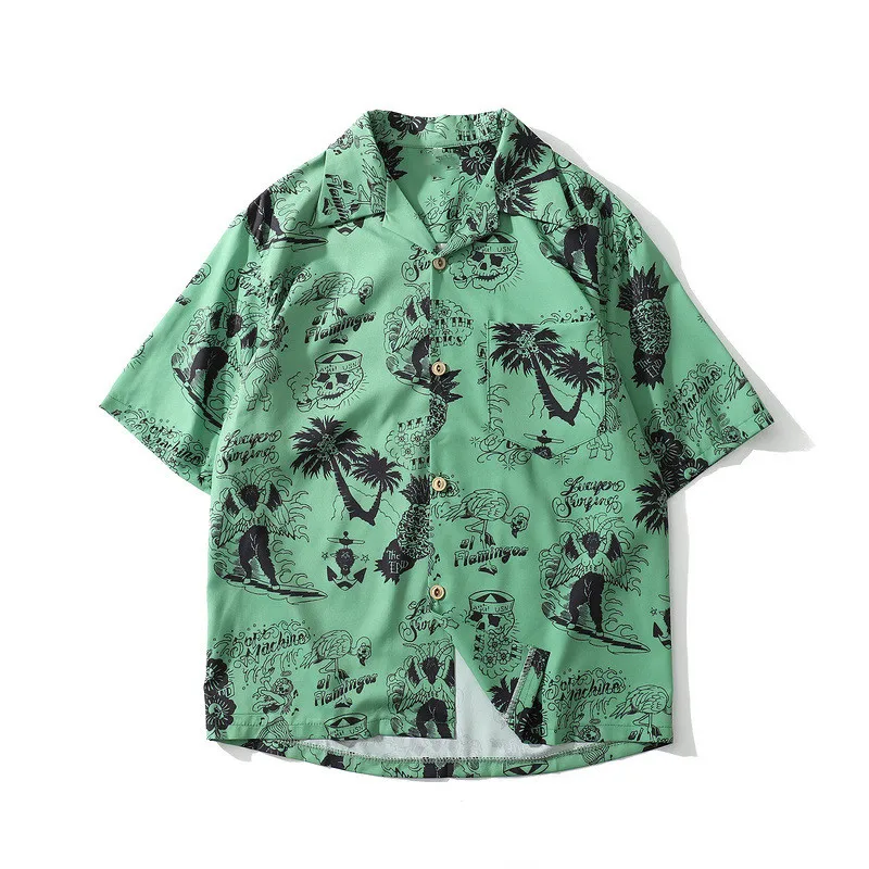 

Europe Hawaiian Shirt Skull Coconut Tree Summer Casual Beach Men's Shirts Rainforest Color Couple Tops Freestyle Flamingo Shirts