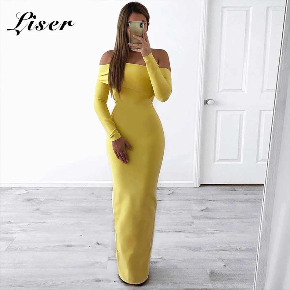 

Liser 2018 New Summer Women Dress Slash Neck Bandage Dress Sexy Bodycon Elegant Evening Party Yellow Dresses Vestidos Wholesale