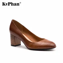 KvPhan 100% Genuine Leather Pumps For Women Shoes Wood Grain Square Heel Luxury Quality Heels Slip On Bridal Shoes Russion Size
