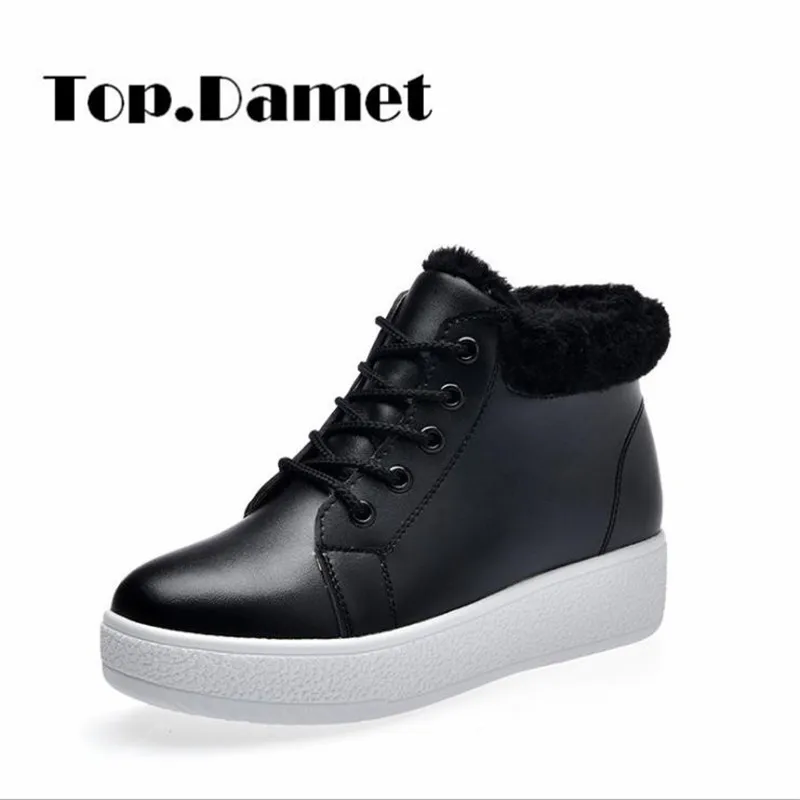 

Top.Damet Snow Boots Women Winter PU Leather Solid Color Slip On High Top Wedge Heel Platform Short Ankle Boots Lace Up Shoes