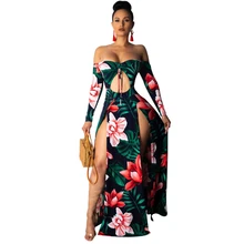 2019 Summer Long Maxi Dress Women Floral Print Hollow Dress Ankle-Length High Slit Bohemian Dress bohemian floral maxi dress