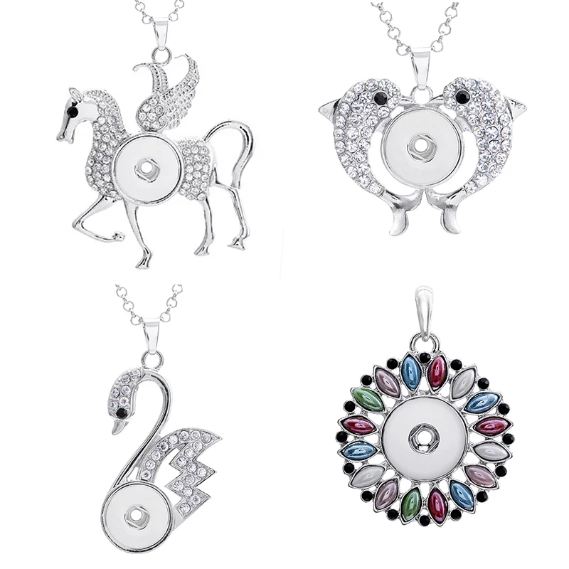 

DIY 18mm crystal love eye angel flower key owl swan dolphin snap button jewelry Pendant Necklace XH3311