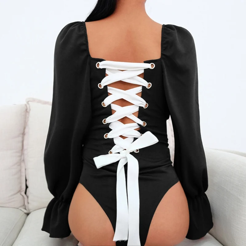 

Elegant Women Vintage Back Lace Up Bodysuit Sexy Hollow Out Bandage Bodysuits 2019 Fashion Puff Sleeve Female Bodysuits