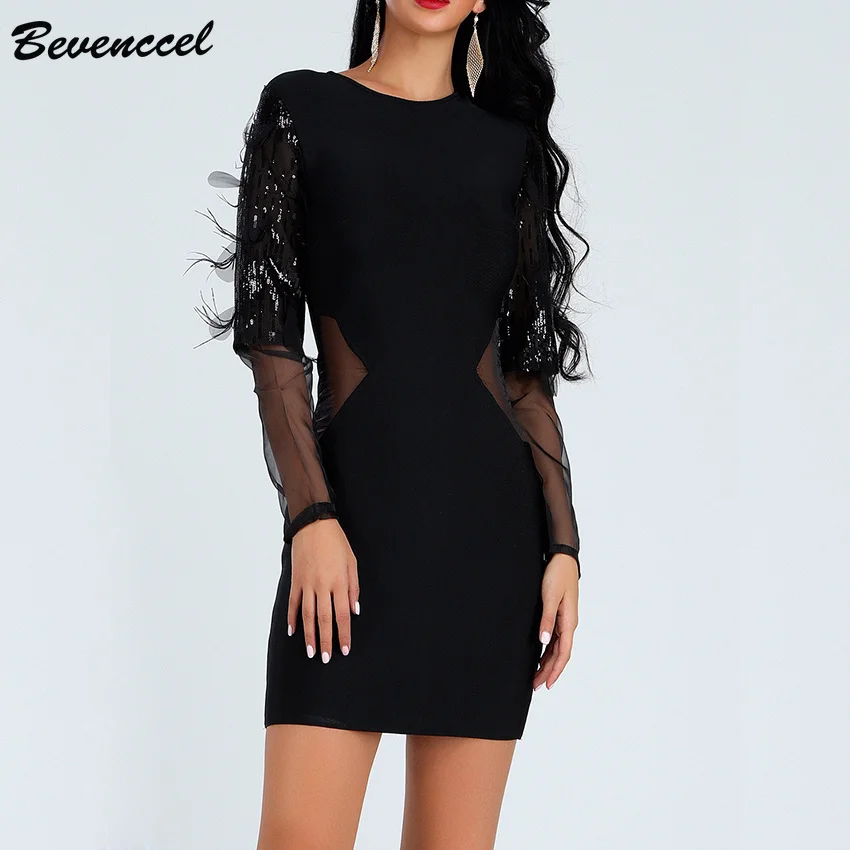

Bevenccel Sexy Bodycon Dress 2019 Mesh Long Sleeve O Neck Waist Cut Out Elegant Celebrity Bandage Dress Tassel Mini Party Dress