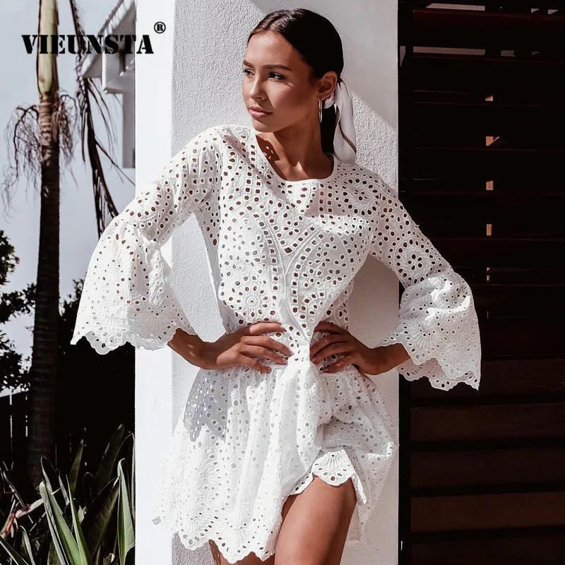 

VIEUNSTA Sexy Ruffles Lace Hollow Out Summer Dress 2018 Women O Neck Flare Sleeve Mini A-Line Dress Ladies Elegant Party Dresses