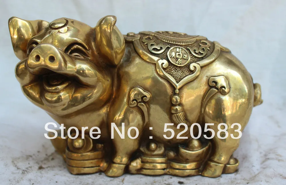 

free 9" Chinese Bronze Carved Lucky Animal Wealth YuanBao Foo Fu Pig Swine fast