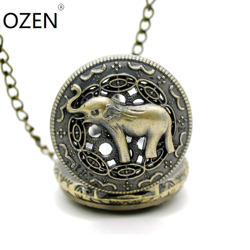 

(3101) 12 pcs/lot Fashion Vintage Antique Bronze elephant design Pocket Watch Necklaces pendant.