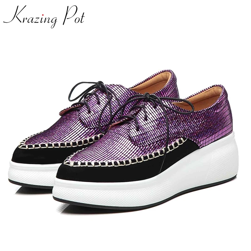 

Krazing Pot 2019 microfiber sewing wedges platform pointed toe sneakers streetwear fashion leisure casual vulcanized shoes L7f8